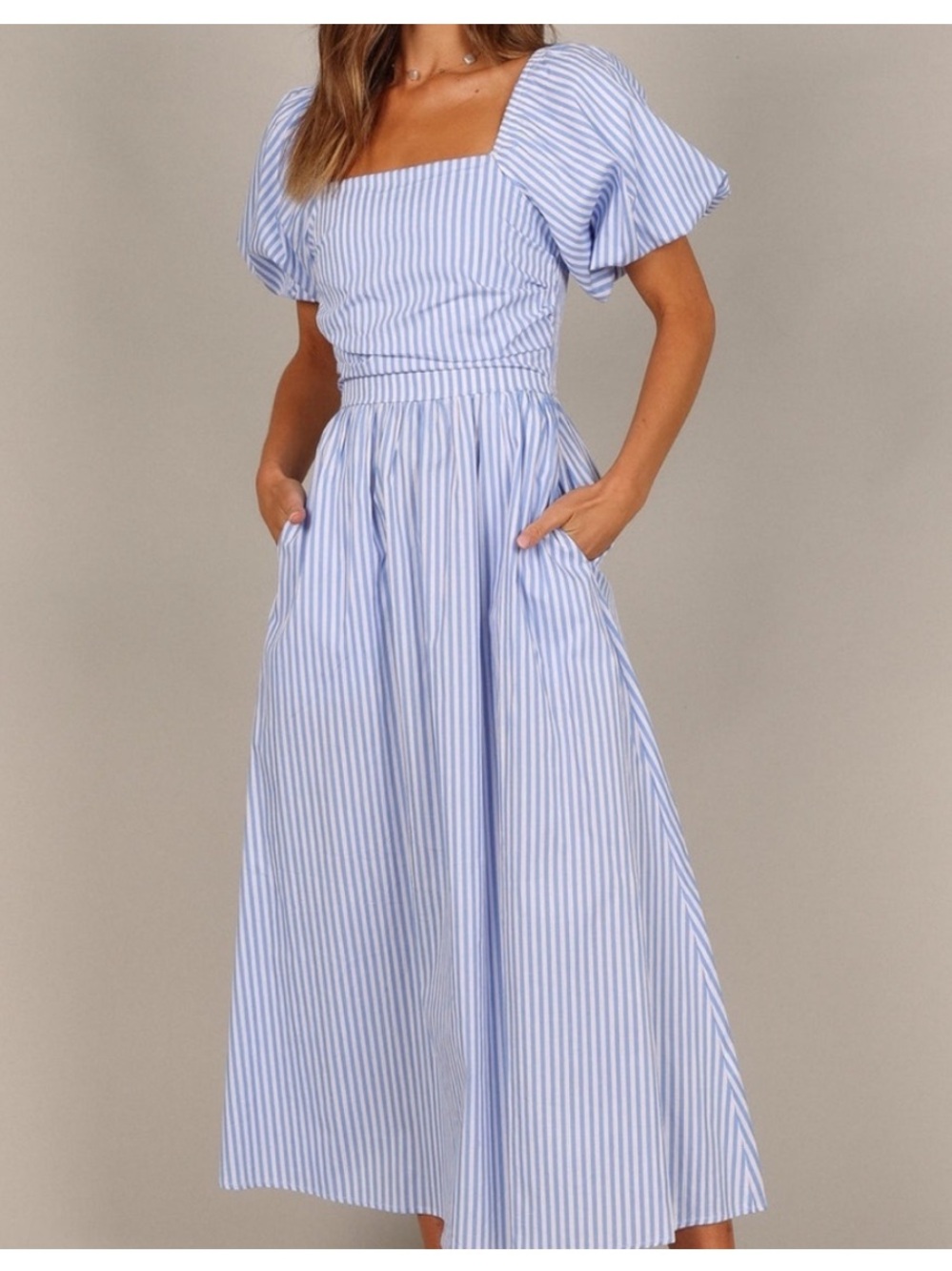Blue & White Striped Puff-Sleeve Midi Dress